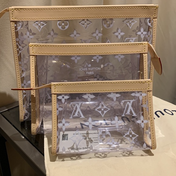 Stunning Louis Vuitton   clear authentic rare 3 cosmetic cases with LV logo - Picture 1 of 17